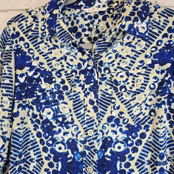 WOMENS CABI SHIRT DRESS BUTTON FRONT NAVY CREAM PATTERN LONG SLEEVE SIZE SMALL - Picture 3 of 8